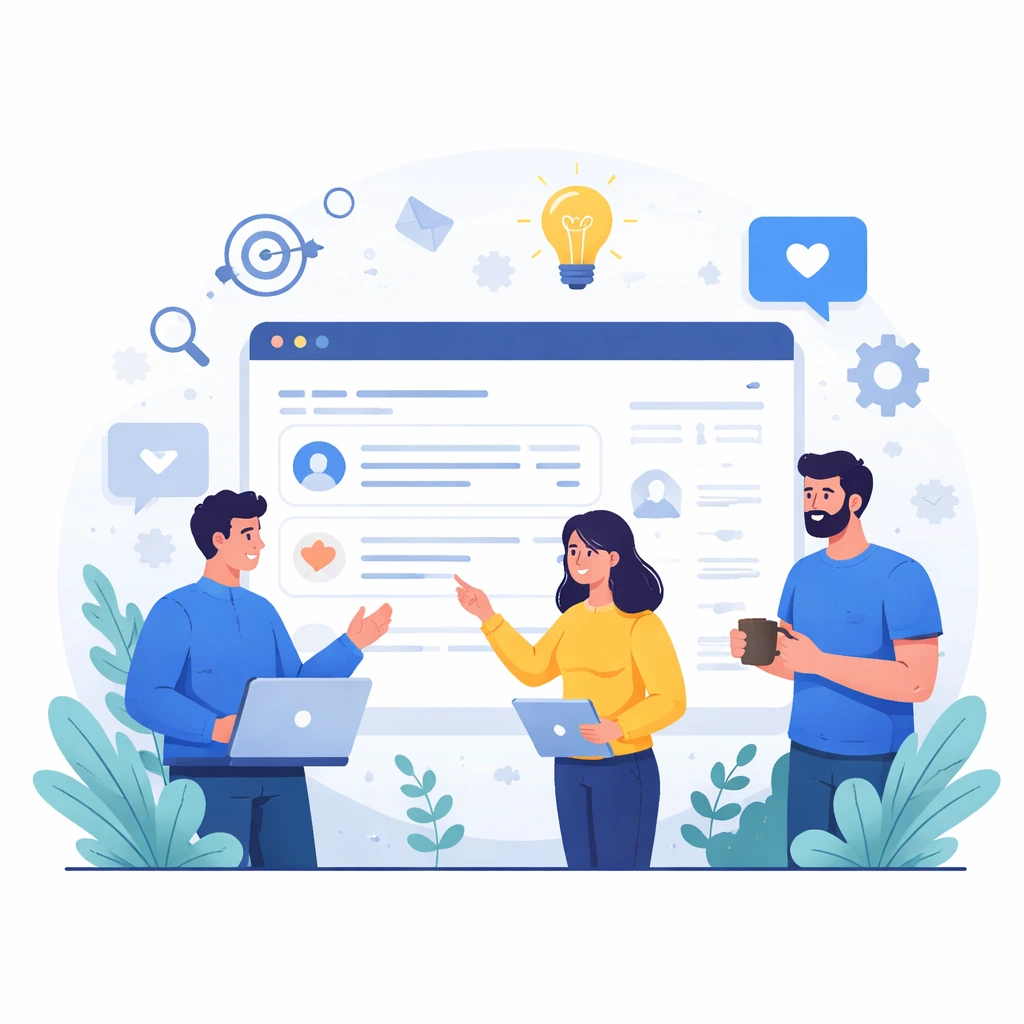 Illustration showing people engaging in an online community discussion.